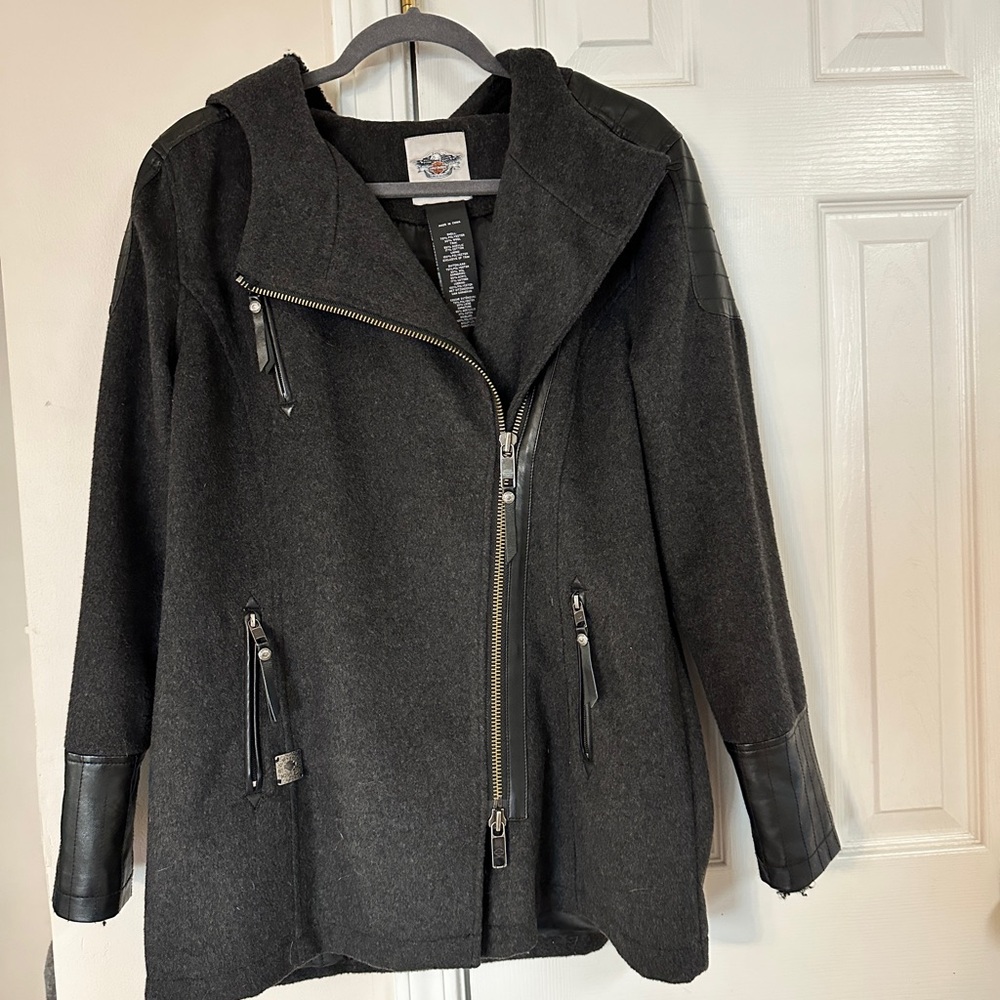 HARLEY DAVIDSON - Wool Blend Coat with Faux Leather Accents